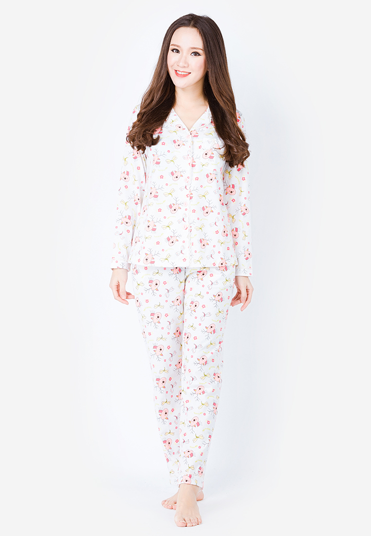 Bộ pyjamas nẹp viền ren họa tiết màu hồng